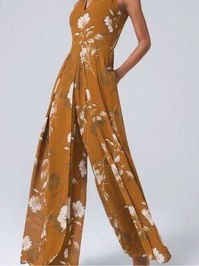 White House Black Market Floral Wide Leg Jumpsuit Size 8 Bronze Choker Neck